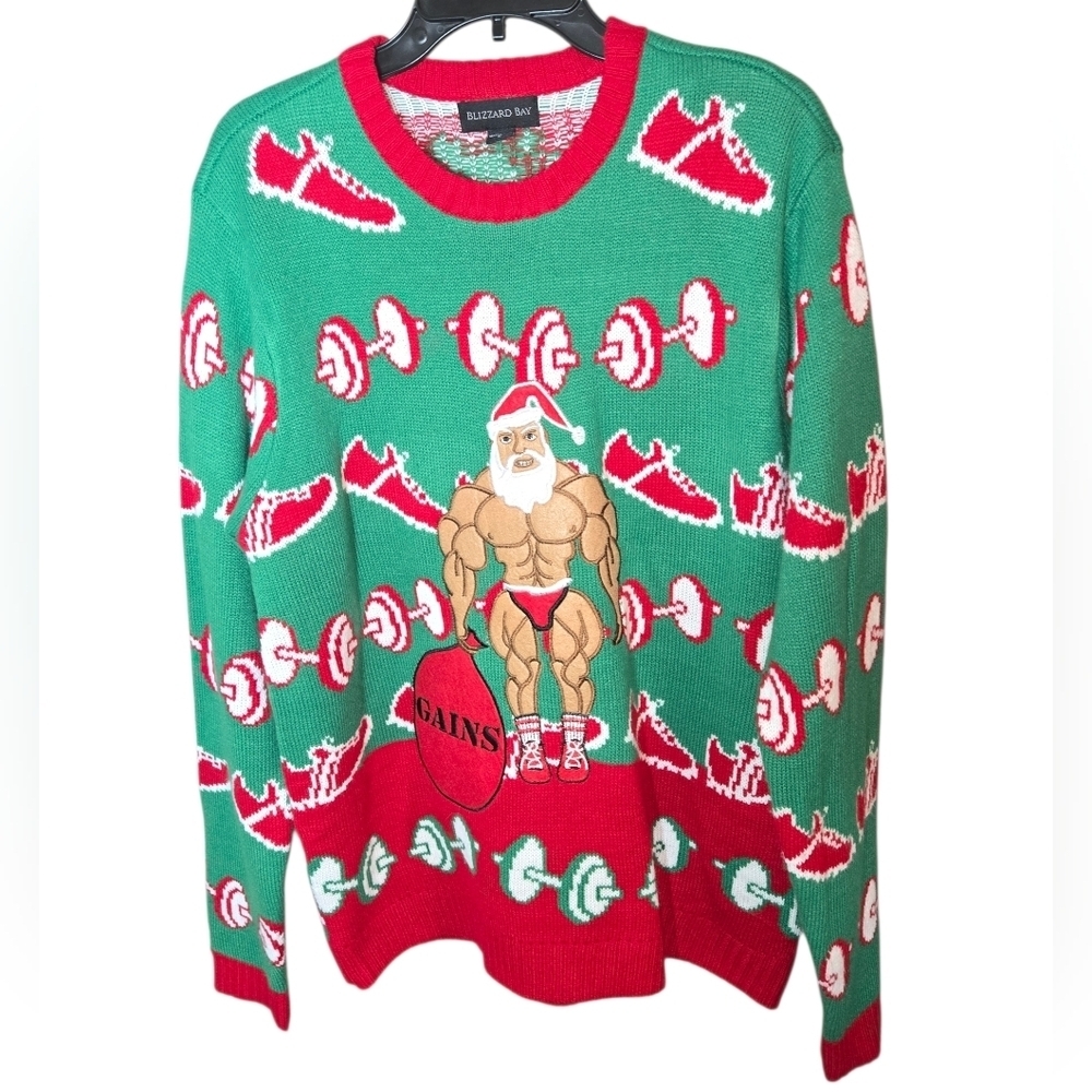 Ugly Christmas Sweater, Santa GAINS, weightlifting, Large, Like New